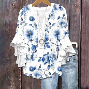 New Boho Floral Printed Tunic Loose V Neck 3/4 Length Ruffle Shirt